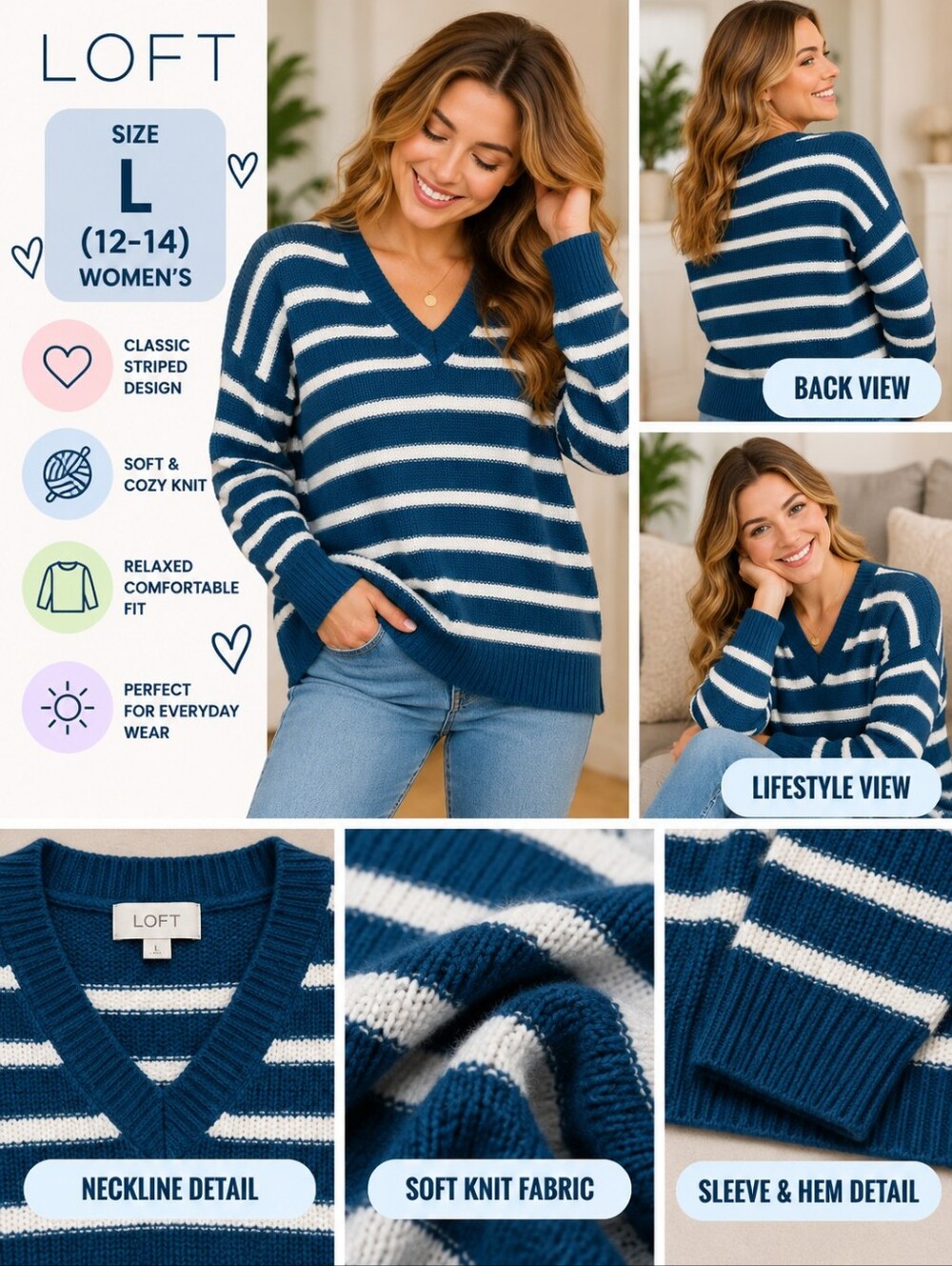 New loft Women's size large blue striped knit sweater #22
